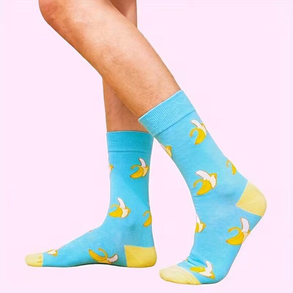 Banana Themed Crew Socks - Aqua/Yellow - Gender Neutral- OS - NWT - Picture 2 of 6